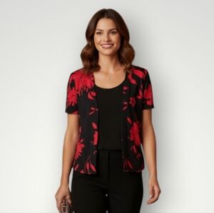 SZ10 Joseph Ripkoff Top Open Short Sleeve Red Black  Jacket Blouse